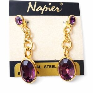 Napier Gold Tone Purple Crystal Dangle Earrings Vintage Surgical Steel Posts